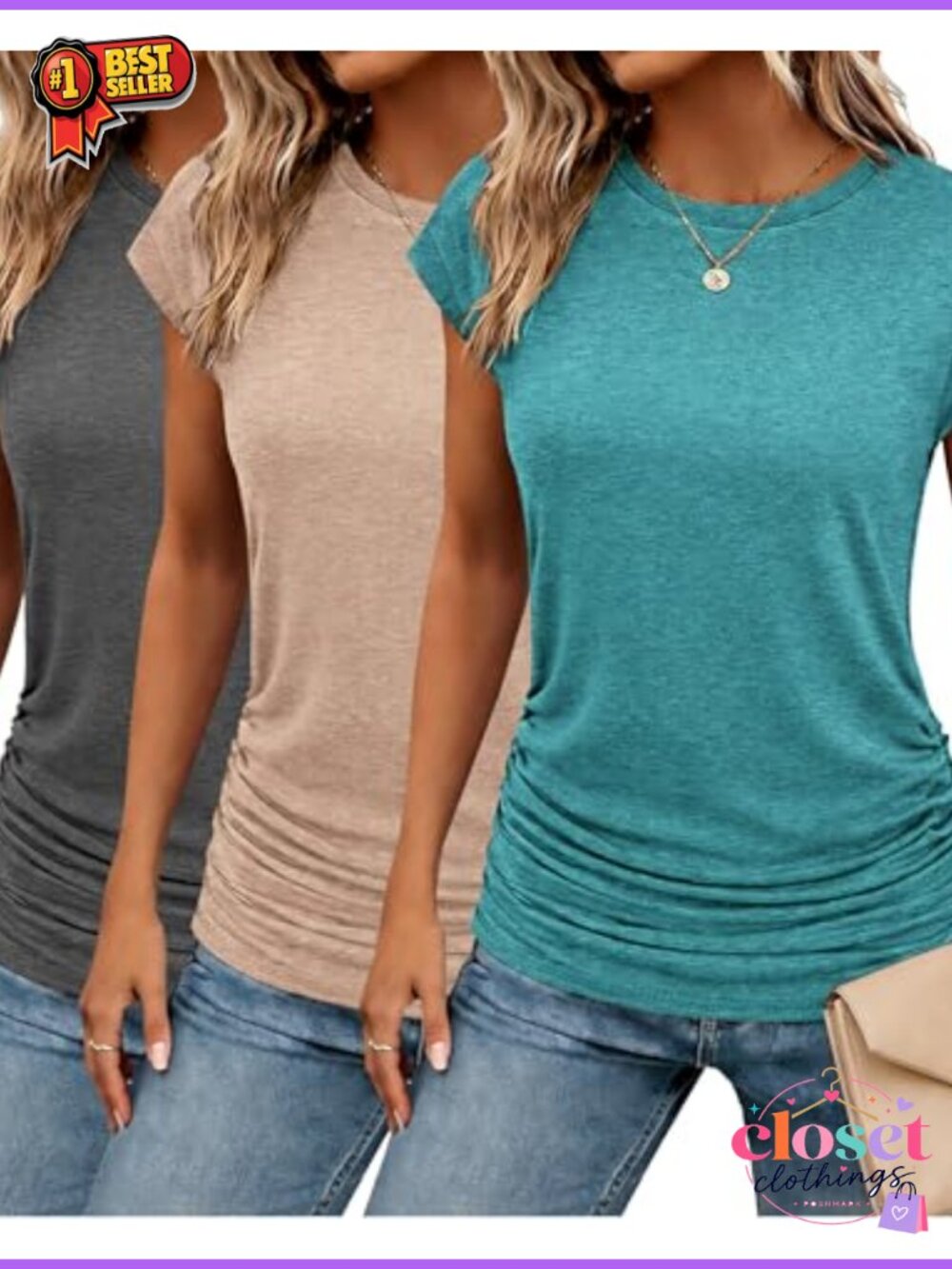 Women's Ruched Short Sleeve Crew Neck Tunic Tee Stretchy Comfort Blouse